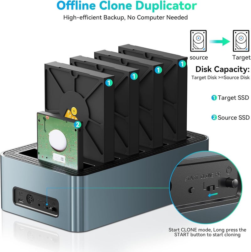 Yottamaster 5 Bay Hard Drive Docking Station Aluminum for 2.5''/3.5'' SATA SSD/HDD, USB 3.2 Gen1 Hard Drive Cloner Duplicator, Supports UASP and Up to 90TB (5x18TB) for 1-to-4 Offline Cloning (KB500) - Image 4